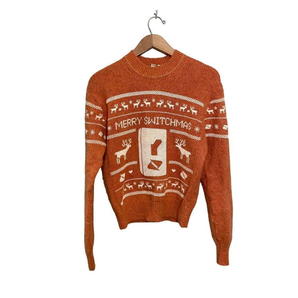 Uniqlo‎ Christmas Sweater Merry Switchmas Crewneck XS Wool Mohair Burnt Orange